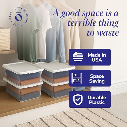 HOMZ 4-Pack Snaplock, Small Clear Plastic Storage Organizer Bins w/Lids, 12 Quart, White - Stackable Container Boxes for Bedroom, Bathroom, Garage, and Office Organization