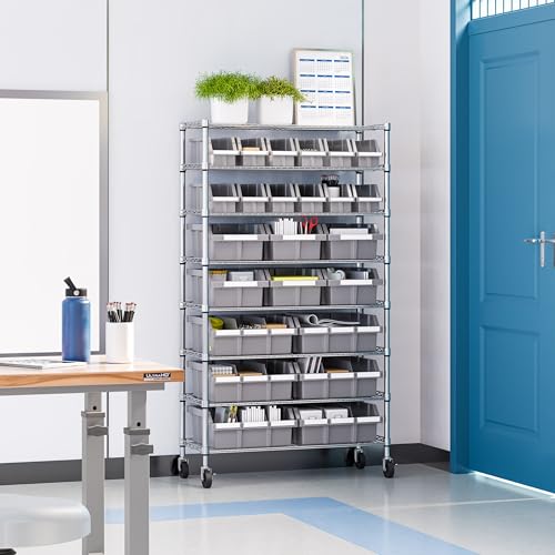 Seville Classics Heavy Duty NSF Bin Rack Solid Steel Wire Shelving Storage Unit, Patented Organizer for Garage, Warehouse, Office, Restaurant, Classroom, Kitchen, Gray, 8-Tier Includes 24 Bins