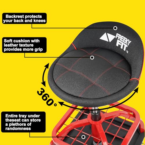 FreekyFit Rolling Stool with Red Wheels, Heavy Duty Garage Work Mechanic Rolling Shop Stool with Backrest, Adjustable Height 360°Swivel Roller Mechanic Chair with 2 Tool Trays, 330 LBS Capacity