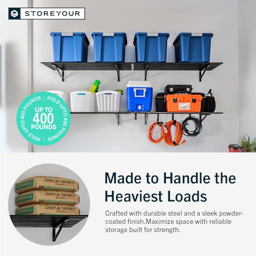 StoreYourBoard Garage Shelving Wall Mounted | 1x4 Heavy Duty Garage Wall Shelves 2-Pack, 12” Deep x 46.5” Long | Steel Wall Shelf Garage Storage Rack with Hooks, 200 lb Each / 400 lb Total, Black