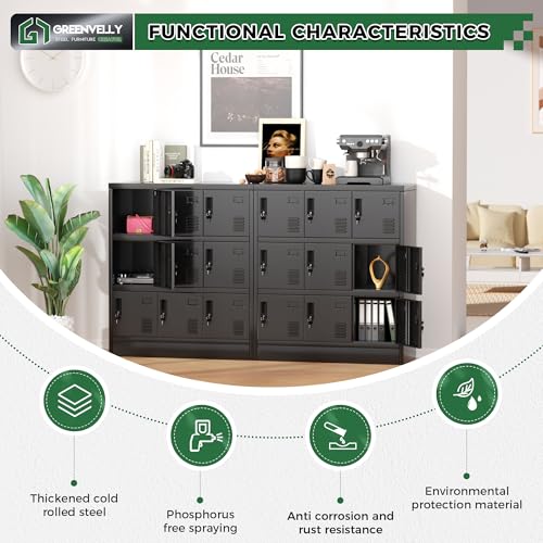 Greenvelly 9 Door Storage Locker for Employee, Metal Locker for Office, Gym, Shool, Lockable Black Steel Locker with Lock and Card Slot for Home,Garage