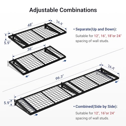 FLEXIMOUNTS 2 Pack 2x4ft Garage Storage 24x48 inch Heavy Duty Bike Wall Shelving Rack, 660lbs Total Weight Capacity, Black, Pro Series