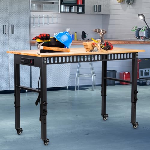 GVGBUK 48" Height Adjustable Workbench, 2000 LBS Load Capacity Rubber Wood Top Workstation, Heavy-Duty Hardwood Worktable for Garage Workshop (with Wheels and Socket,48'')