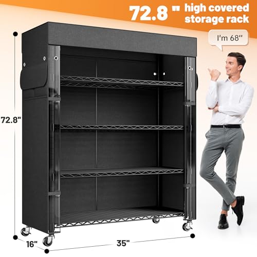 REIBII 72.8" H Storage Shelves with Cover & Wheels, Wire Shelving Heavy Duty Metal Shelving for Pantry Kitchen Garage, Storage Rack Shelf Shelving for Commercial Industrail, 35" W*16" D*72.8" H