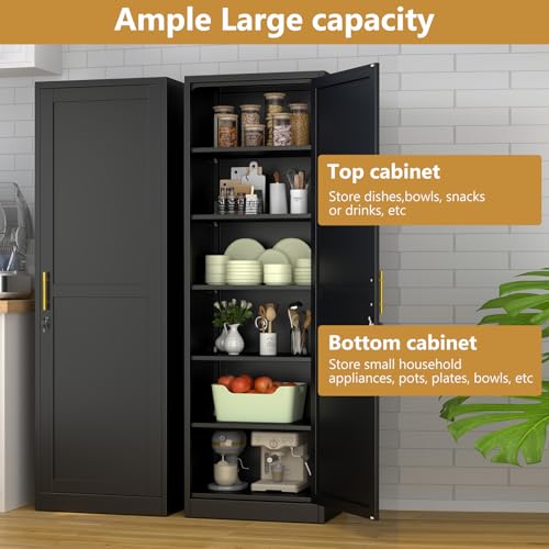 Lusiwry Tall Narrow Slim Metal Storage Cabinet with Lock and 5 Adjustable Shelves,Steel File Cabinets,Kitchen Pantry Cabinet Locker Organizer - 67" Storage Cabinets for Bathroom,Bedroom,Office,Black
