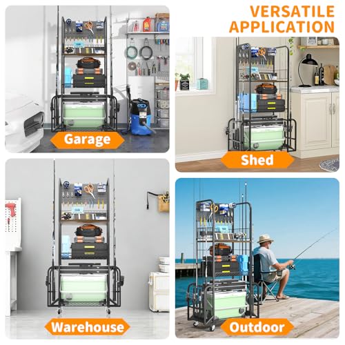 Geznhs Fishing Rod Holders for Garage - Rolling Fishing Pole Rack Organizer with Pegboard & Lockable Wheels, 3 Tier Fishing Gear Storage Holds 10 Rod & Reel Combos, Tackle Box Organizer for Anglers