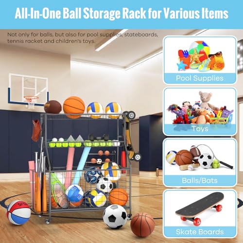 WUC Sports Equipment Garage Organizer - Garage Ball Storage Rack with Basket, Hooks and Rolling Cart for Sports Gear and Toy Storage, Grey
