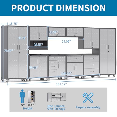 FLIXELIO Garage Storage Cabinets System 10 PCS Workshop Set with Drawers Locking Heavy Duty Rolling Cart with Adjustable Shelves Garage Tool Workbench Cabinets (10 PCS)