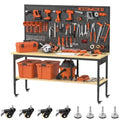 60" Adjustable Height Workbench,9-Level Heavy Duty Work Table with Storage Shelf Pegboard LED Light & Built-in Power Strip, 2010 lbs Load Capacity Rolling Tool Bench for Garage Workshop