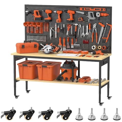 60" Adjustable Height Workbench,9-Level Heavy Duty Work Table with Storage Shelf Pegboard LED Light & Built-in Power Strip, 2010 lbs Load Capacity Rolling Tool Bench for Garage Workshop