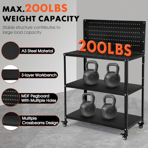 OLBRUS 50.4 X 33.4 Inch Workbench,Heavy Duty 200LBS Steel Work Bench with Pegboard and Lockable Wheels, Rolling Tool Storage Work Table for Garage Workshop Warehouse (50.4" X 33.4")