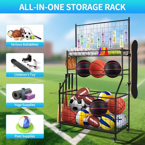 Rumizira Sports Equipment Organizer,Garage Ball Storage Rack with Basketball Rack with Hooks and Rolling Wheels Cart (BLACK)