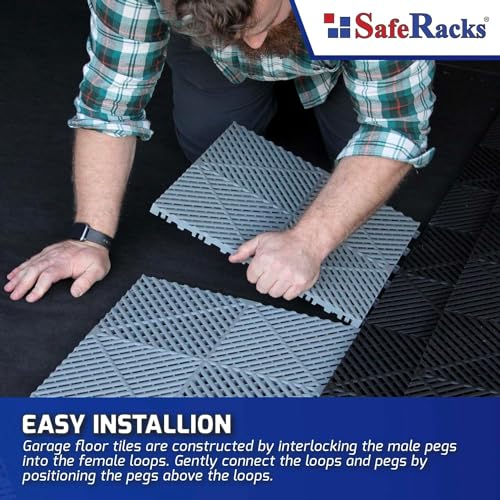 SafeRacks Ribbed Interlocking Garage Floor Tiles - Vented, Self-Draining, Non-Slip Flooring, Modular, Virgin Polypropylene, Ideal for Garages, Patios, Basements, Decks - Black - 82.56 sq ft - 48 Pack