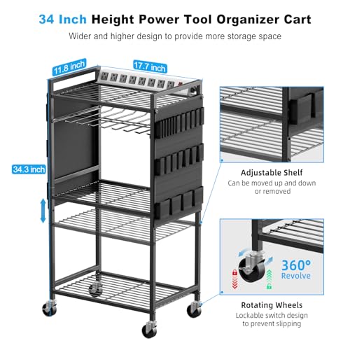 JUNNUJ Large Power Tool Organizer Cart with Charging Station, Garage Floor Standing Rolling Drill and Tools Battery Storage Cart on Wheels, Heavy Duty Rack Shelf with 8 Outlet Power Strip, Black