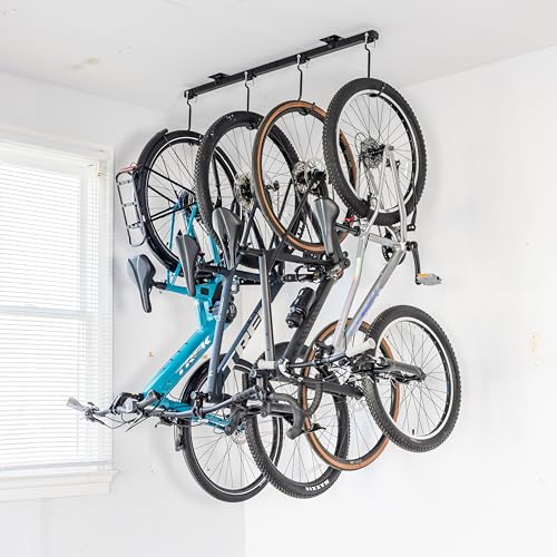 Teal Triangle Ceiling Mounted Bike Rack for Garage - Premium Bicycle Stand & Hanger for Space-Saving Storage | Adjustable Ceiling Hooks Hold 4-8 Bikes - Indoor Bicycle Rack System for basement
