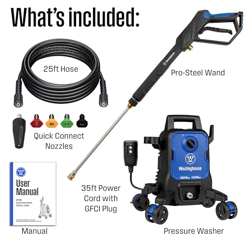 Westinghouse ePX3100 Electric Pressure Washer, 2300 Max PSI 1.76 Max GPM with Anti-Tipping Technology, Onboard Soap Tank, Pro-Style Steel Wand, 5-Nozzle Set, for Cars/Fences/Driveways/Home/Patios