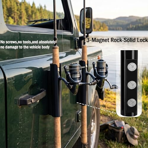 Magnetic Fishing Rod Holder for Car (2 Pcs),No-Drill Truck Bed Fishing Rod Holder,Magnetic Car Fishing Rod Holder for Truck, SUV, Garage Door & Golf Cart, Wall-Mounted Fishing Rod Storage Rack