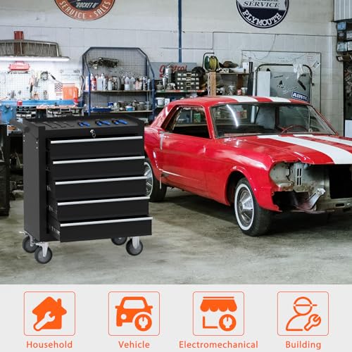 Granper 5-Drawer Rolling Tool Chest, Tool Box with 4 Wheels and Drawers, High Capacity Detachable Mobile Tool Storage Cabinet for Garage, Workshop, Mechanics and Repair Room (Black)
