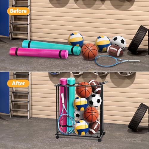Garage Ball Storage Sports Ball Cart with Wheels - Sports Equipment Organizer for Basketball,Soccer,Volleyball,Space-Saving-Ball Rack with Elastic Rope,Basketball Holder for Home,Gym, Indoor,Outdoor