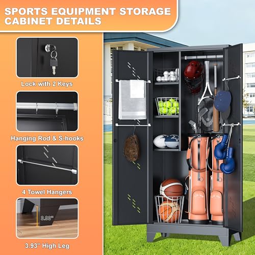 YILFANA Golf Bag Storage Cabinet Fits 2 Bags, Metal Golf Bag Organizer with Lockable Doors, 75" Sports Equipment Organizer for Garage, Home, Office, Gym