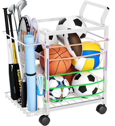 DUDUXI Sports Equipment Garage Organizer,Garage Ball Storage Rack for Sports with Wheels-Upgraded Sports Organizer Rack Outdoor Basketball Racks for Balls with Holder and Hooks (White)