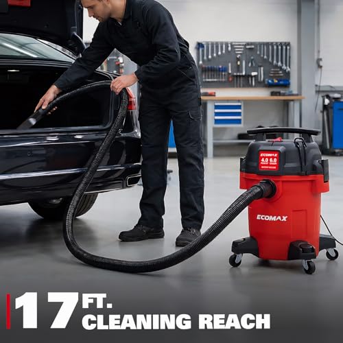 ECOMAX Ultra Quiet Wet Dry Shop Vacuum, 6 Gallon 4 HP Shop Vac, 80% Less Noise, 3X Longer Motor Lifespan, Powerful Portable Vacuum Cleaner for Garage, Jobsite, Workshop (6 Gallon)