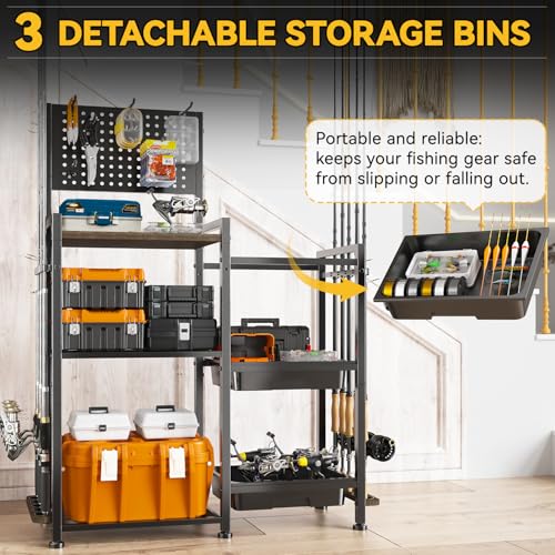 SOYEEZE Fishing Rod Holders for Garage, 3 Storage Boxes for Reels & Fishing Accessories, 10 Rod Capacity Fishing Pole Holder with Pegboard, and 3-Tier Shelf for Tackle Box, Fishing Gear Organizer