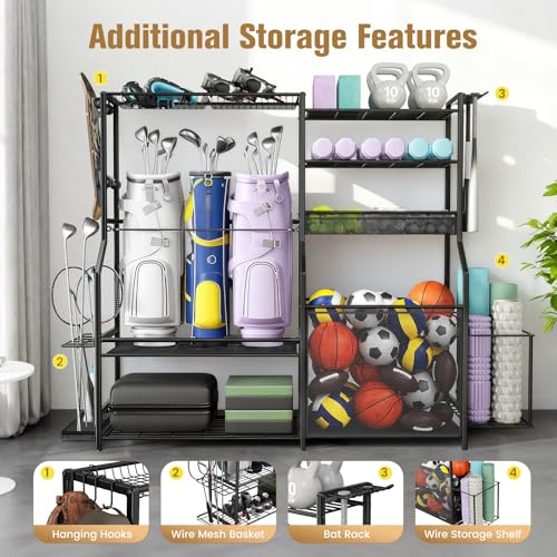 Homiesetify Garage Sports Equipment Organizer, 3 Golf Bag Organizer Stand Heavy-Duty Ball Storage Rack with Basket and Hooks, Ball Storage Cart for Toy Sports Gear Storage, Black (Extra Large)