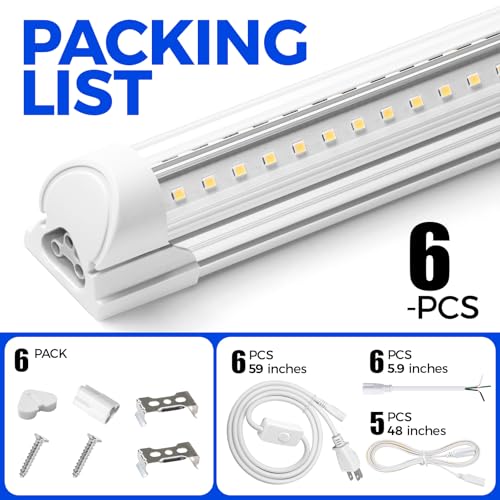 Barrina LED Shop Lights 4FT, 40W 5500LM 5000K Daylight White, T8 LED Garage Lights, V Shape, Clear Cover, High Output Tube, Linkable 4 Foot LED Strip Light for Workshop, Warehouse with Plug, 6 Packs