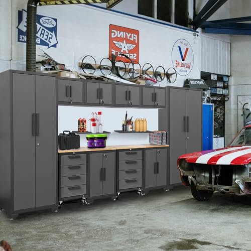 Torin 12 Piece Garage Storage Cabinet Set: Workshop Tool Organizer Chest with Lockers, Shelves and Wood Workbench, Black/Grey