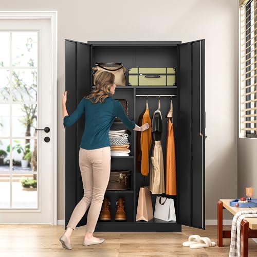 Wide & Deep Metal Storage Cabinet with Hanging Rod,Black Broom Closet Storage Cabinet with Lock,72" Tall Wardrobe Cabinets with Doors and Shelves,Locking Steel Tool Cabinets for Home,Office,Garage