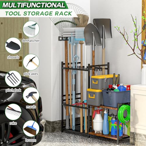 DAOUTIME Garage Tool Organizer with 2-tier Wooden Shelves, Yard Tool Organizer for Garage with 6 Hooks, Heavy duty Steel Garden Tool Rack Holds up to 35 Long Handled Yard tools for Storage, Black