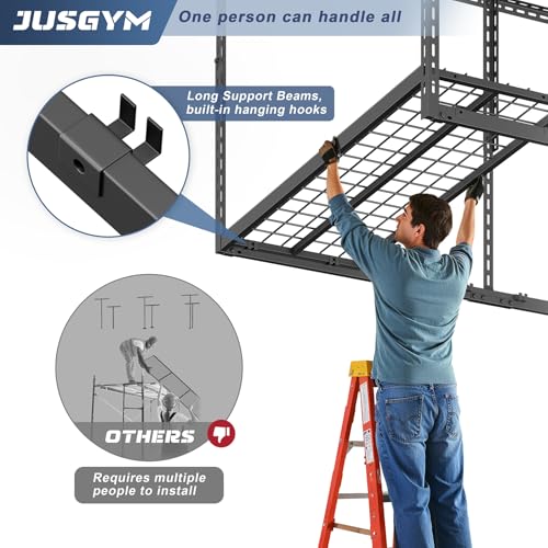 Jusgym 4X6FT Overhead Garage Storage Rack, 26"-40" Height Adjustable Garage Ceiling Storage Racks, Heavy Duty Metal Overhead Storage Organizer System, 450LBS Weight Capacity