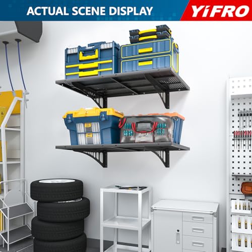 YIFRO 2-Pack 2x3ft Heavy Duty Garage Wall Shelving, 500 lbs Load Capacity, Garage Shelving Wall Mounted, Garage Storage Rack with Hooks, Black