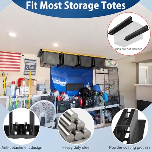 Yantuo Overhead Garage Storage Rack, Heavy Duty Ceiling Storage Rack, 17 Inch Adjustable Overhead Tote Storage Rail System, 6 Sets for 5 Bins