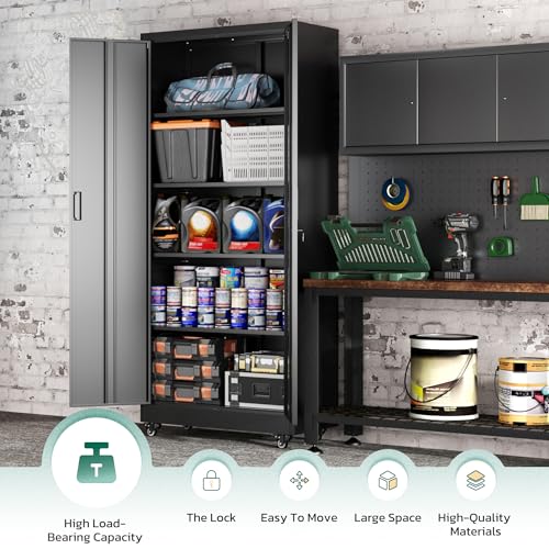 Greenvelly 73" Storage Cabinet with Wheels,Metal Rolling Garage Cabinet with Locking Doors and 4 Adjustable Shelves for Home,Kitchen,Office,Warehouse(32" W x 16" D)
