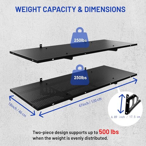 ZONEGRACE 2-Pack 1.5x4ft Garage Shelving Wall Mounted, 500 Lbs Heavy Duty Wall Shelves, Flat Metal Shelf Wall Mount For Garage Storage Wall With Complete Install Kit & Hooks, Black
