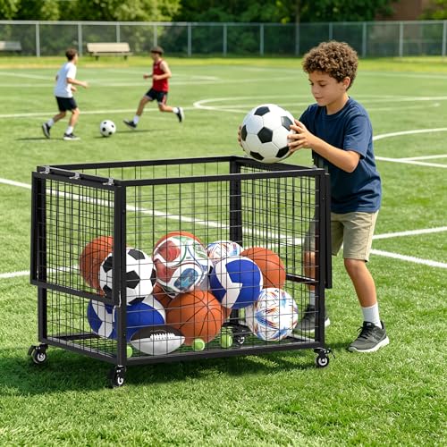Ball Cart Garage Sports Equipment Organizer with Lockable Lid, Basketball Storage Bin for Indoor Outdoor, Rolling Exercise Ball Cart Holder for Gym, School, Club