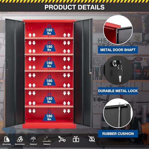 Fesbos Metal Storage Cabinet-71” Tall Steel File Cabinets with Lockable Doors and Adjustable Shelves-Black&Red Steel Storage Cabinet for Home, School, Office, Garage