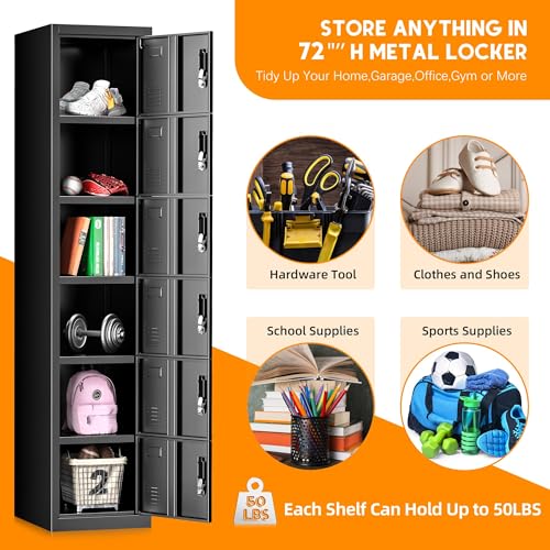 INTERGREAT 6 Door Storage Lockers for Employees, Metal Office Gym Lockers with Lock, Lockable Steel School Locker Organizer with Shelf and Card Slot for Home, Garage, Black