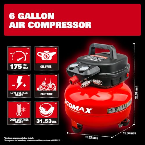 Air Compressor, 6-Gallon Pancake Air Compressor, MAX 175PSI, Compressor for Air Tools with 10 PCS Air Compressor Accessories Kit