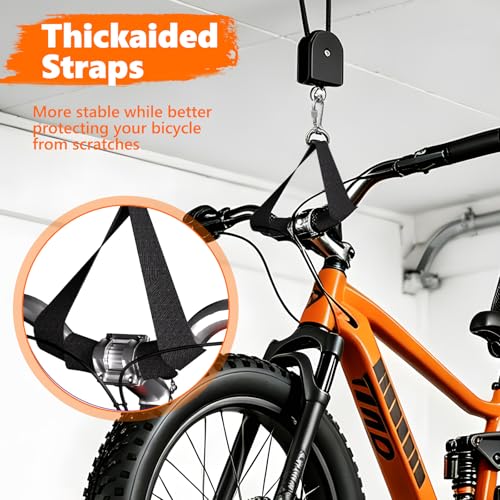 NYFITY Bike Hoist,Ceiling Mount Bike Hanger,Heavy Duty Bike Hangers for Garage,Bike Pulley System for Garage,Holds Up to 100 lbs,Ceiling Bike Hanger for Ebike,Road Bike,Fat Tire,Snowboard(2 Pack)