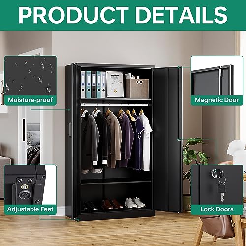 Letaya Metal Wardrobe Cabinets with Lock,Clothing Locker 72" X 36" X 18" Storage Cabinets for Home Room,Fire Department, School, Employee,Gym,Government (Black)
