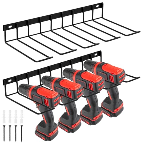 QWORK Drill Holder Wall Mount, 2 Pack Alloy Steel Power Tool Organizer Rack for Garage & Workshop, Space-Saving Storage for Drills & Accessories, 50lbs Capacity, 16.5" x 7.8" x2.36"
