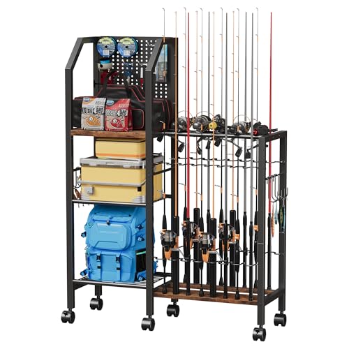 Fishing Rod Holders for Garage, Convenient Pegboard with 14 Long Utility Hooks, Fishing Rod Rack Up to 16 Rods, 3 Tier Fish Pole Stand with Fishing Reel Holders & 8 Hooks for Fishing Gear Accessories