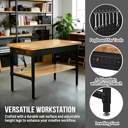 48/60/70 Inch Adjustable Workbench with Power Outlet Heavy Duty 2500 LBS Load Capacity Hardwood Work Table for Garage 6 Level Height Adjustable Workshop Bench with Wheels (60"x24"Double-Layer)