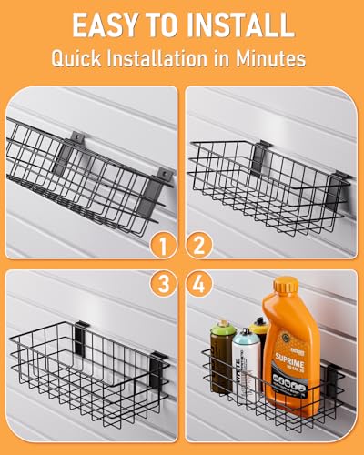 INCLY 4 Pack Black Slatwall Baskets Set, Ventilated Metal Hanging Storage Slat Wall Basket, Mounted Slatwall Accessories for Garage Rooms Shops Storage Organizing Display on Slatwall Panels