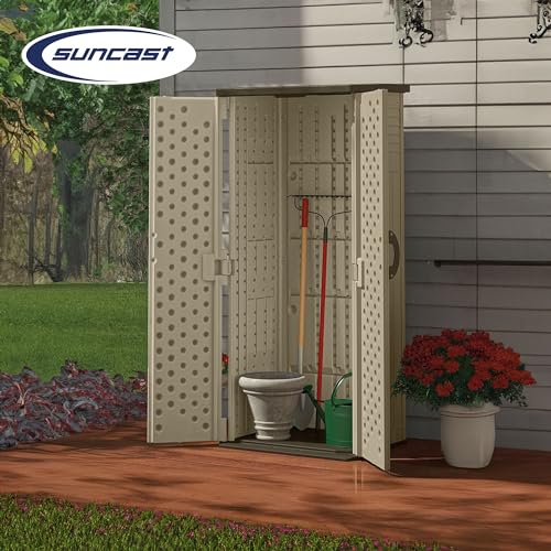 Suncast Vertical Shed, Compact Outdoor Storage System, 22 Cu. Ft. Capacity, Sand & Mustang - Lockable Multi-Wall Resin Organizer for Long-Handle Tools, Garden Supplies and Yard Equipment