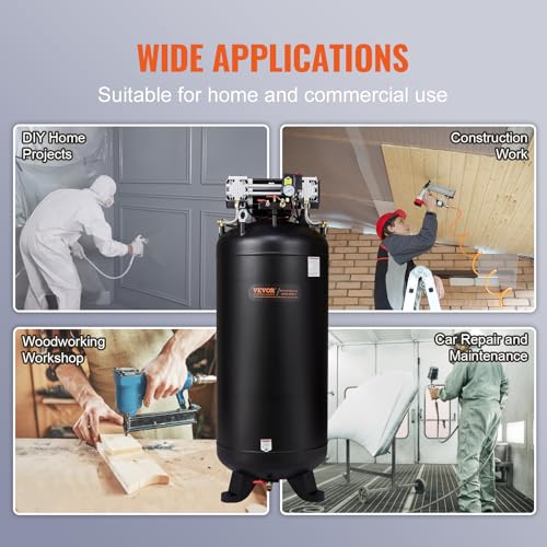VEVOR 80 Gallon Air Compressor, 145PSI Oil Free Stationary Compressor Tank, 6.5HP 15.5SCFM@90 PSI, Quiet Compressor for Industrial Manufacturing, Workshops (220V/60Hz Single-Phase Power)
