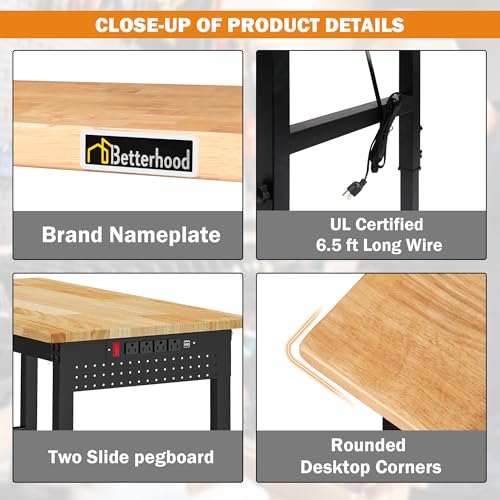 Betterhood 96" Adjustable Workbench, 5000 LBS Heavy Duty Work Table with Power Outlets & Pegboard, Rubber Wood Workstation for Garage, Workshop, Office, Home, Commercial